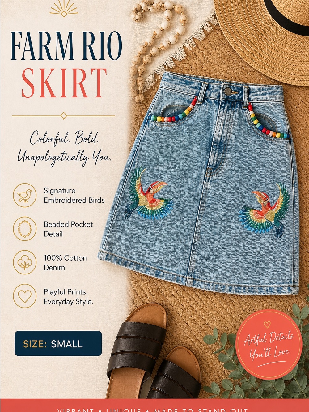 FARM Rio Light Blue Embroidered Denim Mini Skirt with Beaded Pockets